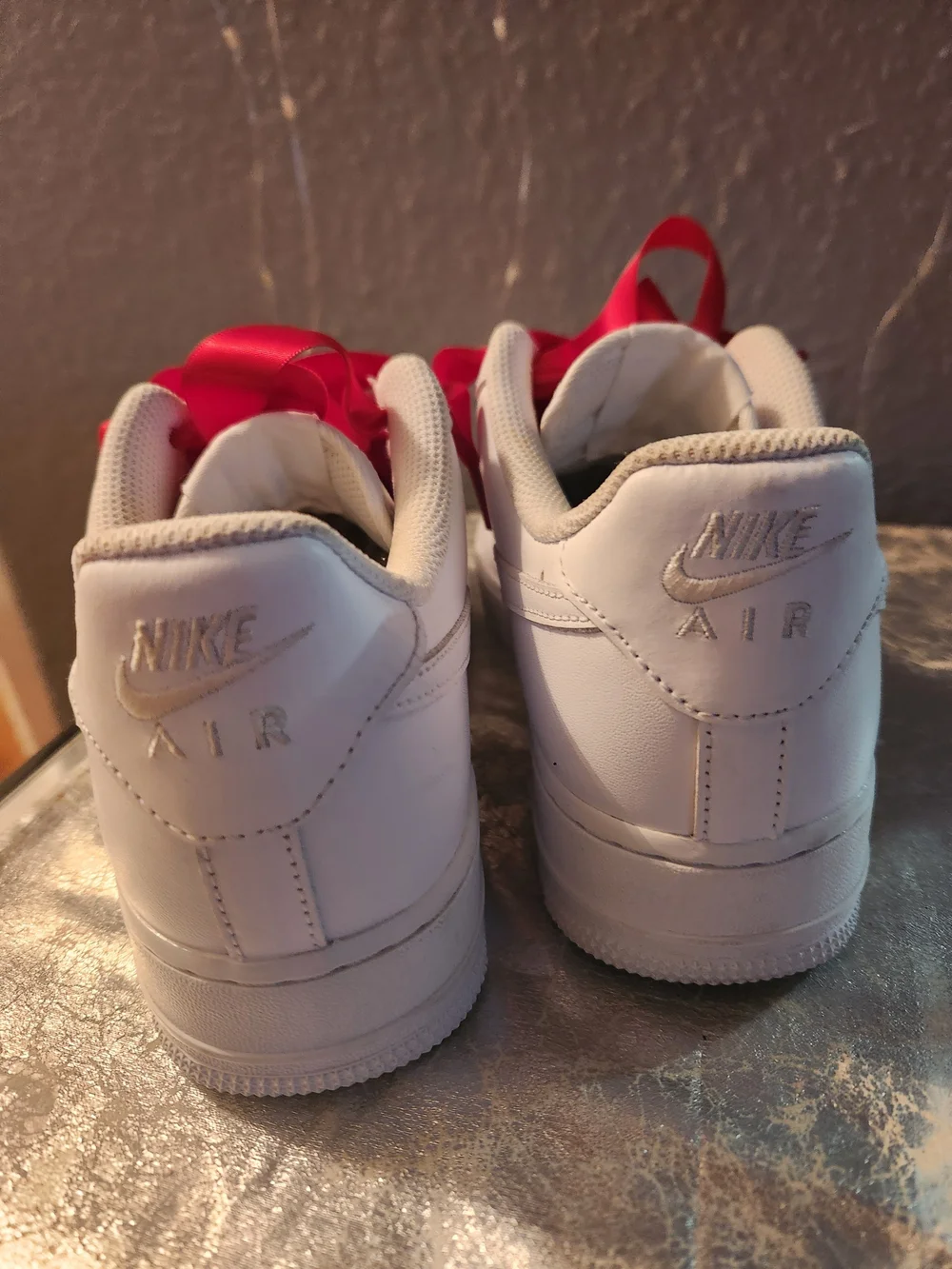 Nike White Air Force 1s with Red Satin Ribbon Laces